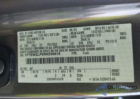 2024 Ford F-150 Stx z USA, uszkodzony, nr VIN 1FTEW2LP0RKE99618